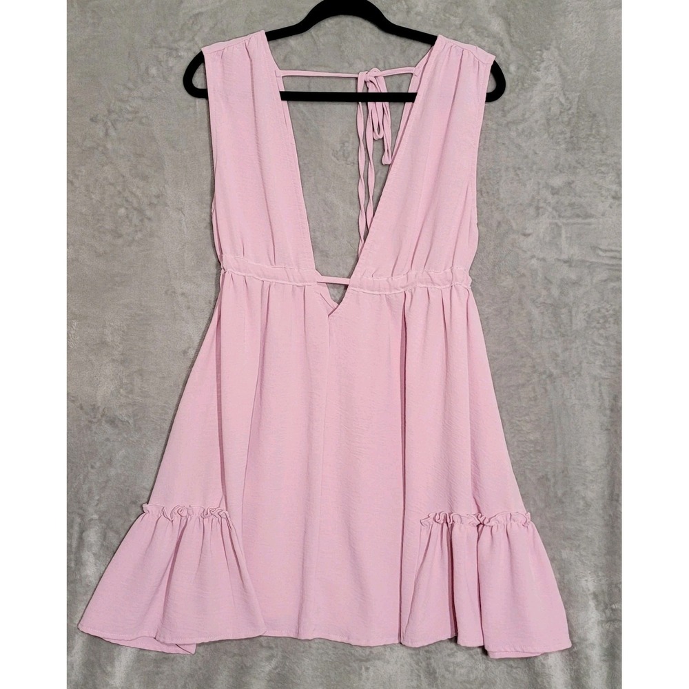 LYANER Deep V Neck Ruffle Mini Dress Or Cover-up  Pink Short Babydoll Sz L
